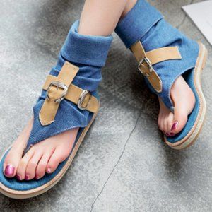 Denim Sandals Women's Roman Thong Open Toe Flat Belt Buckle Blue Back Zipper Stu